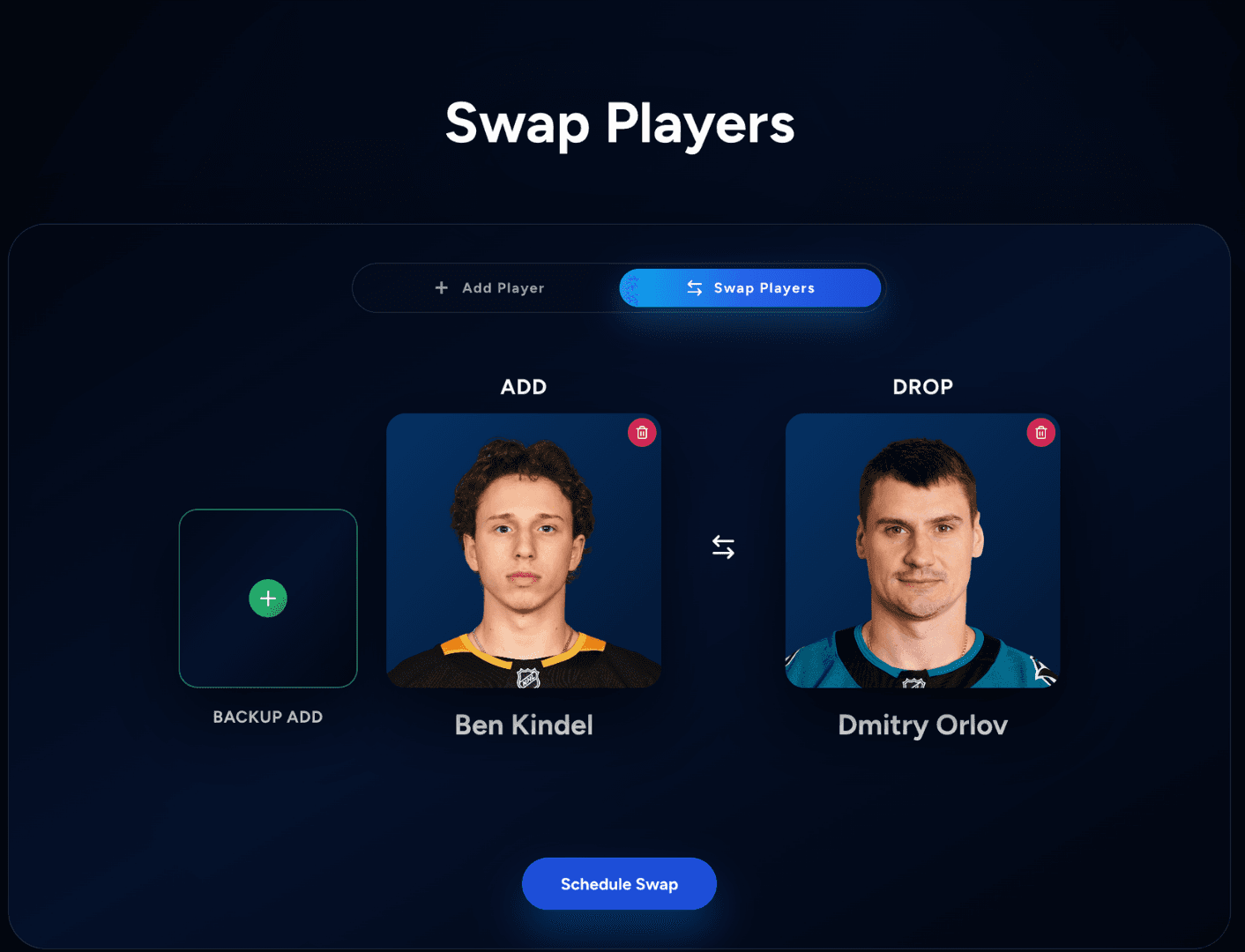 Swap players screen